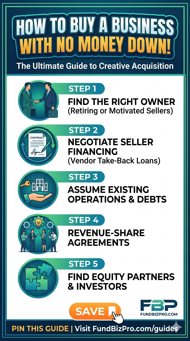 How to buy a business with no money — zero-down acquisition strategies infographic
