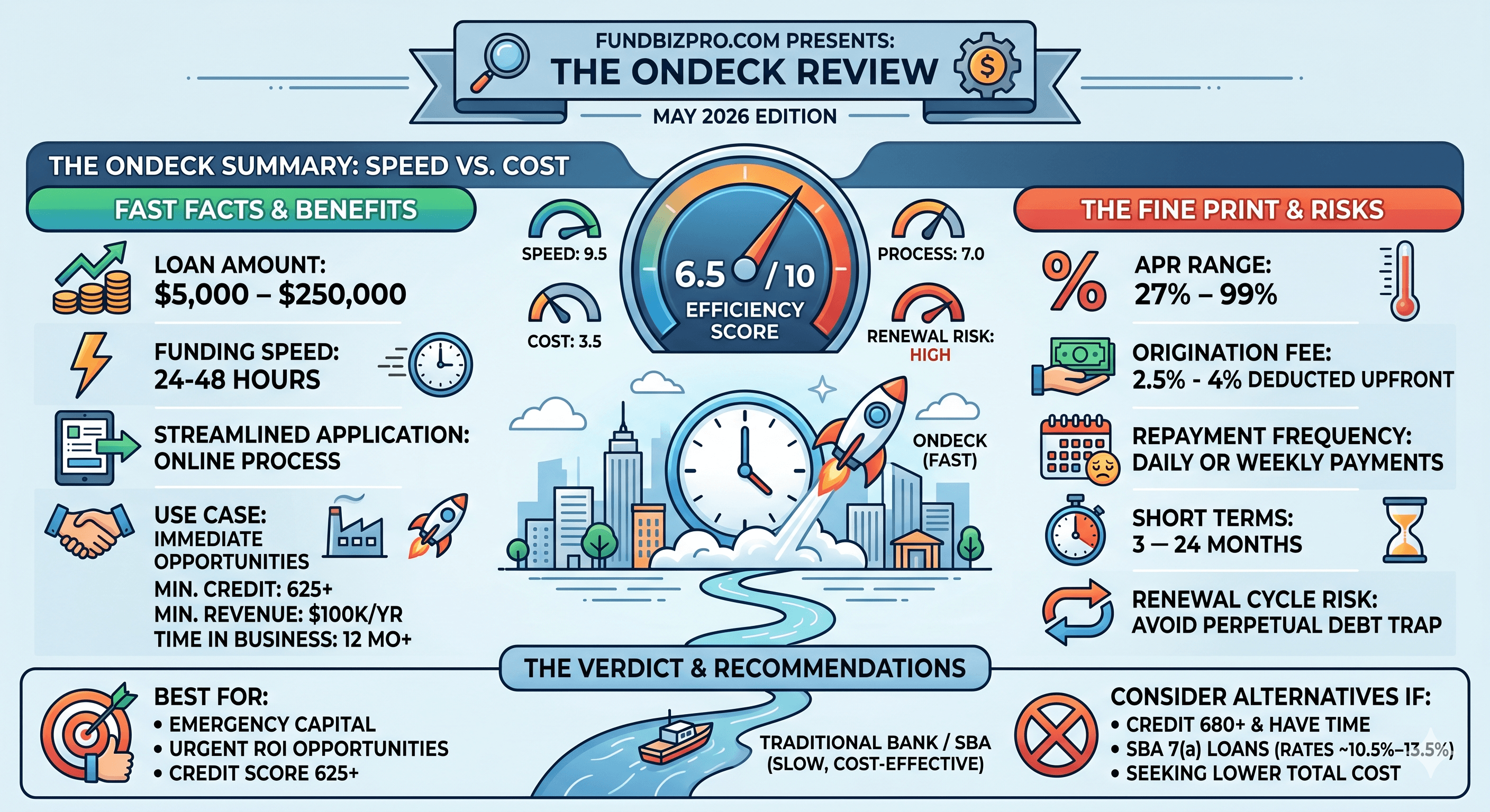 OnDeck review summary - efficiency score 6.5/10, APR 27%–99%, funding in 24-48 hours