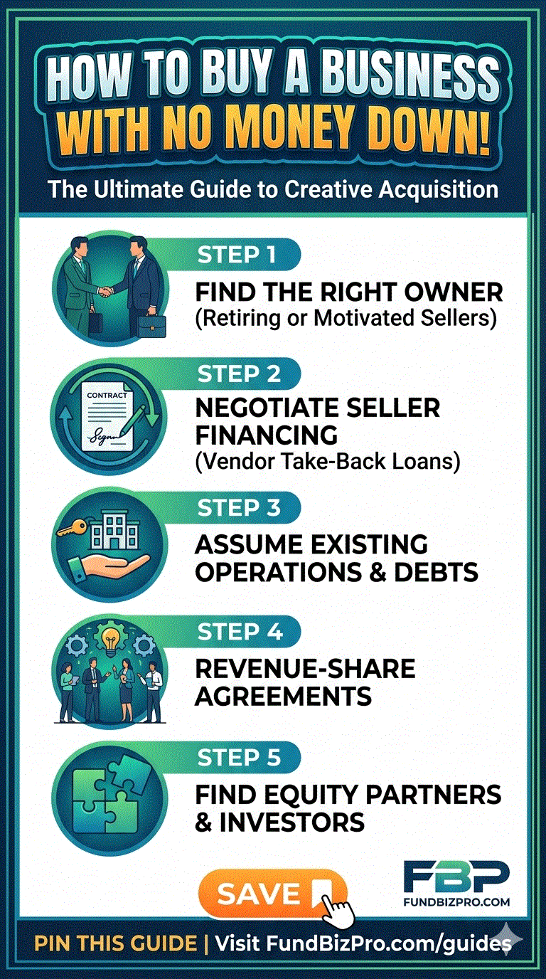 How to buy a business with no money down — ROBS, seller financing, and equity partnership paths illustrated